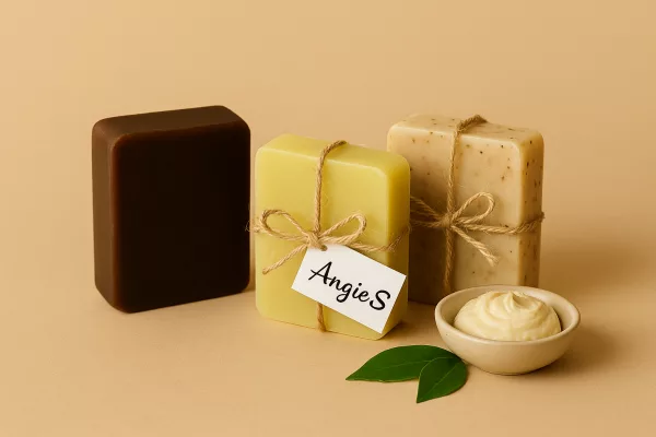 coffret sublime Angie.S composé de trois savons artisanaux - un savon noir, un savon classique et un savon exfoliant.