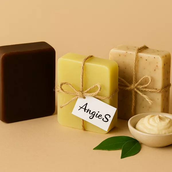 coffret sublime Angie.S composé de trois savons artisanaux - un savon noir, un savon classique et un savon exfoliant.